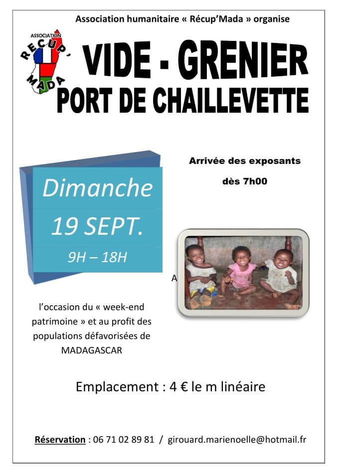 Affiche du vide-grenier au port de Chaillevette au profit de Récup'Mada.