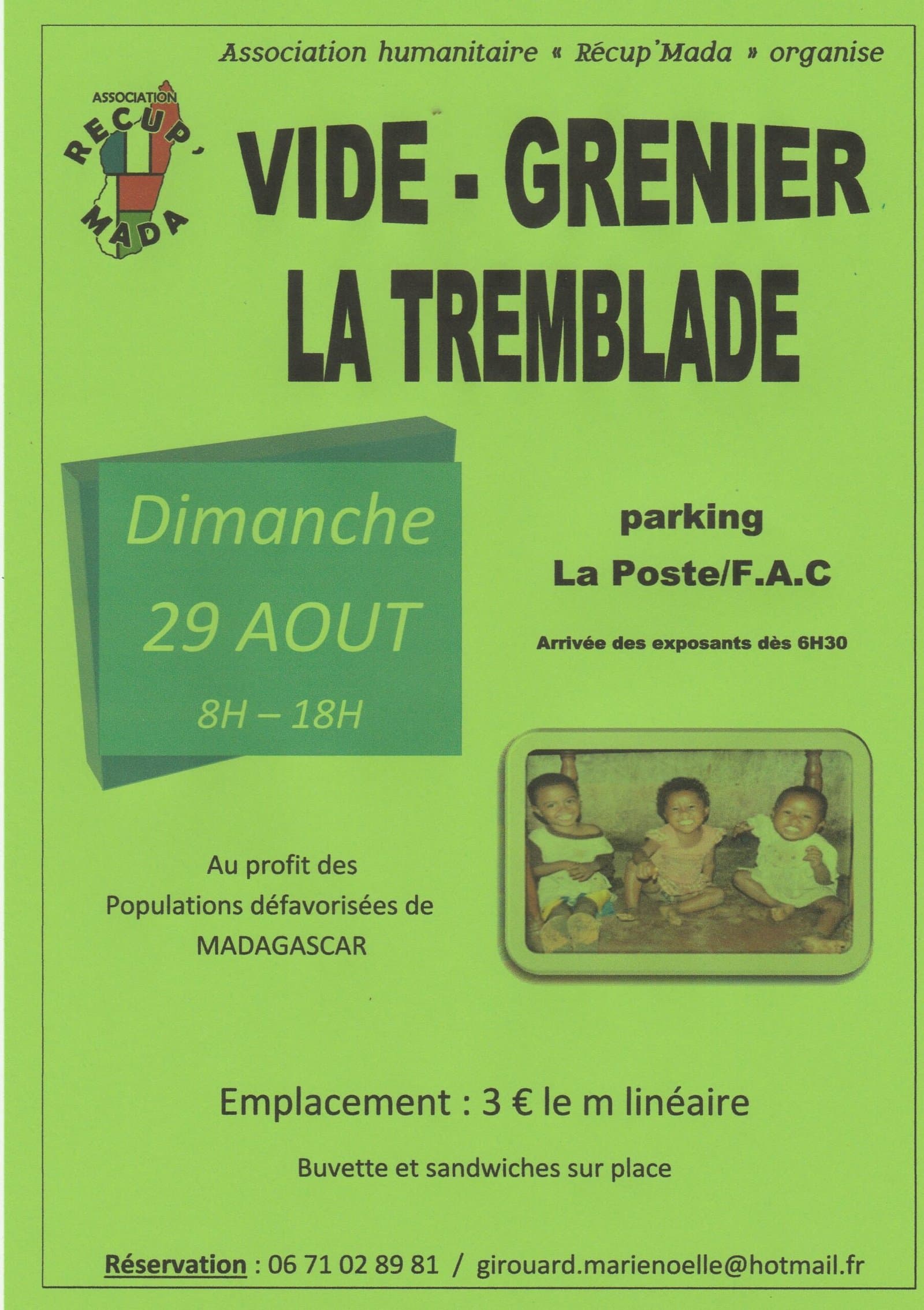 Affiche du vide-grenier de La Tremblade au profit des populations défavorisées de Madagascar.